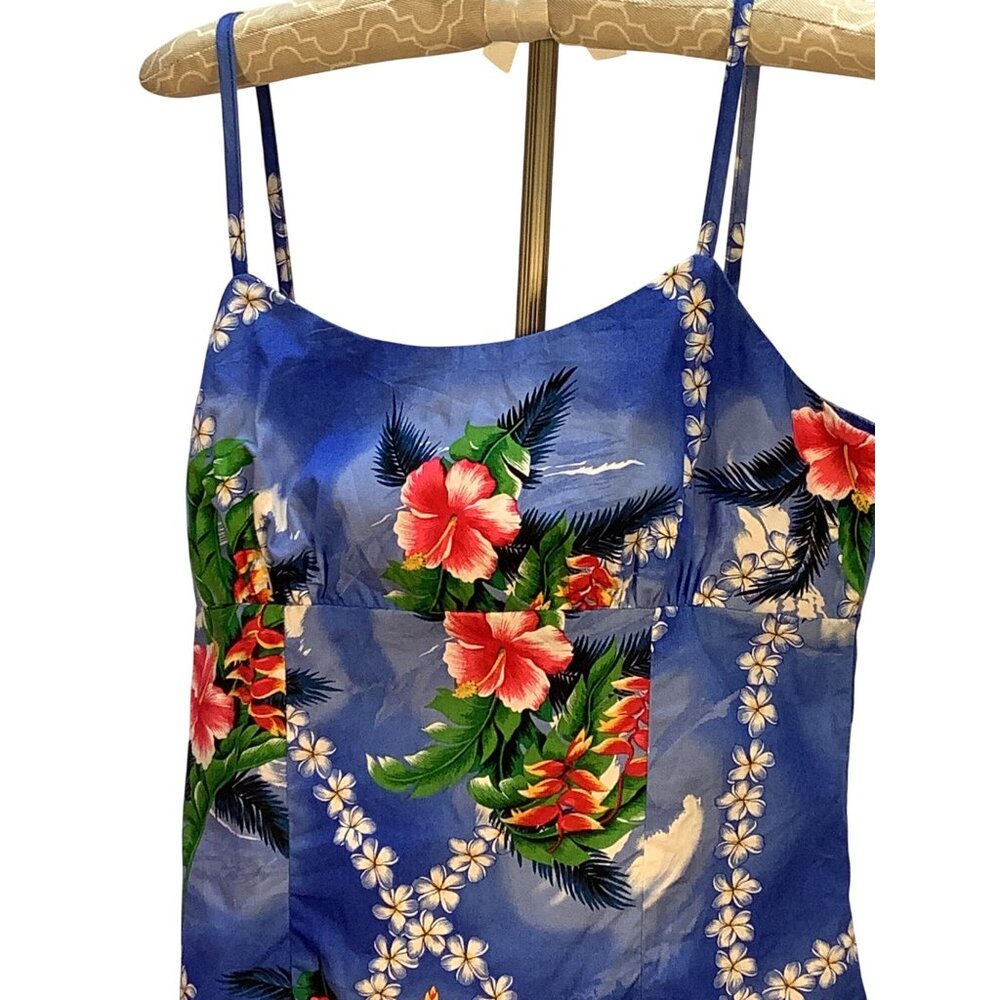 Made in Hawaii Mini Sundress Womens M Blue Floral Hibiscus Beachy Casual - Picture 3 of 5